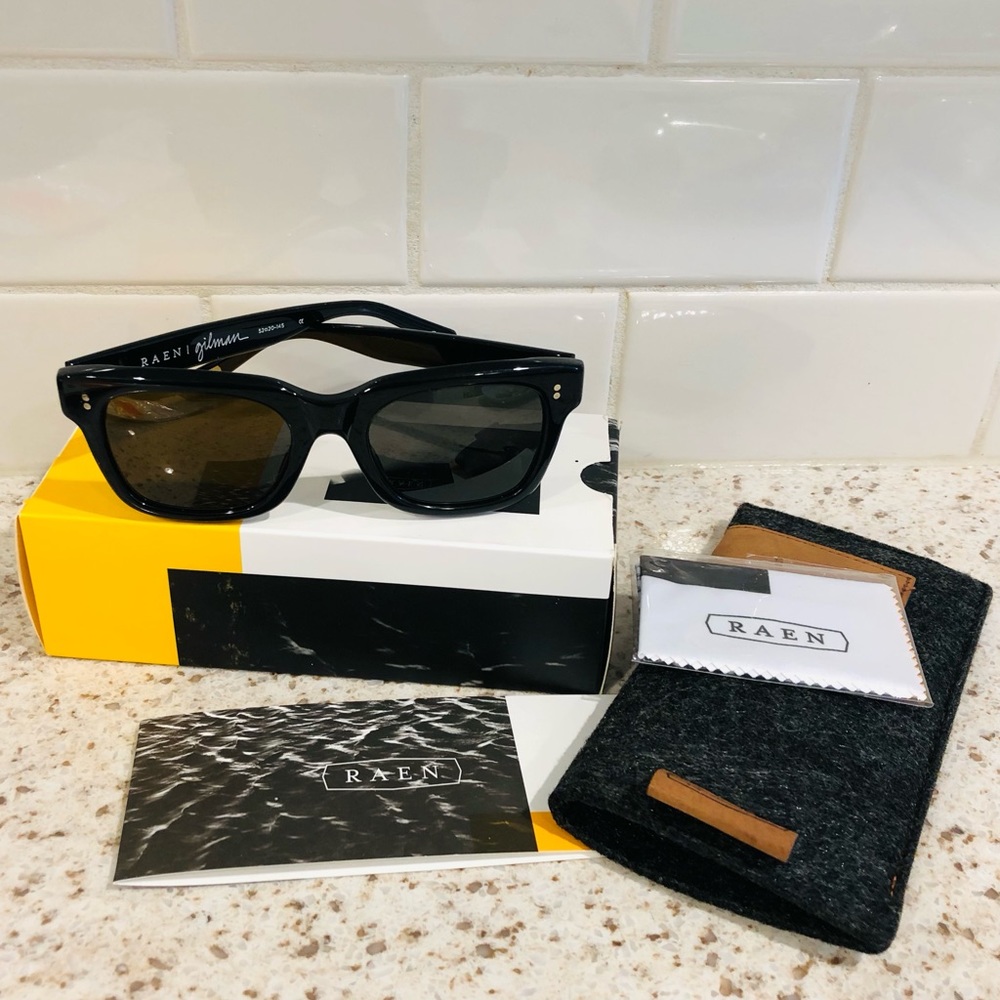 Unisex NIB New in Box Raen Gilman black sunglasses.